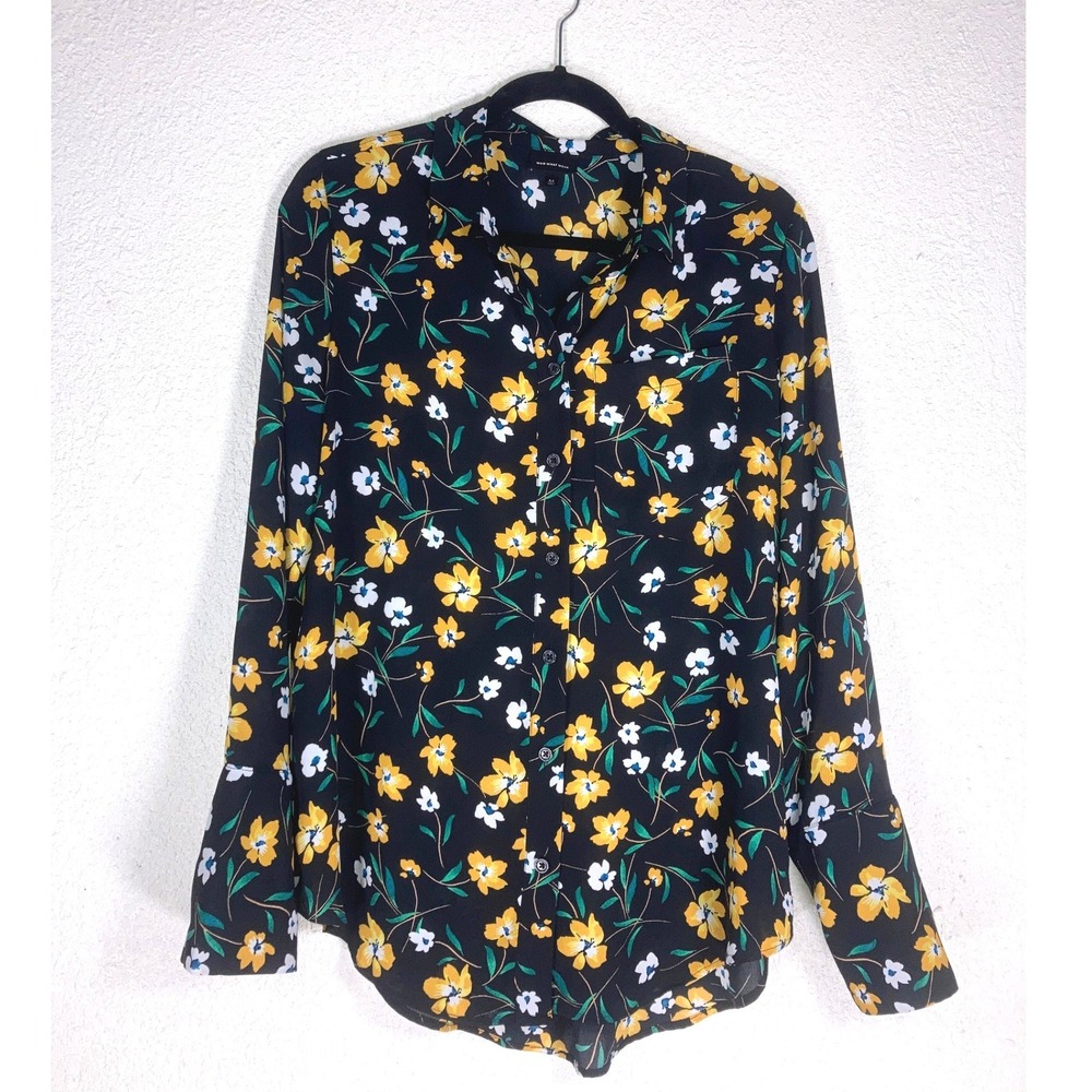 Who What Wear Floral Button Down Blouse Black Yellow Bell Sleeve Top M F16826606